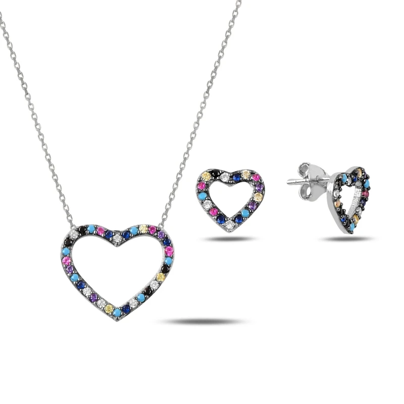

Silver 925 Sterling Mixed Color Zircon Stone Heart Set