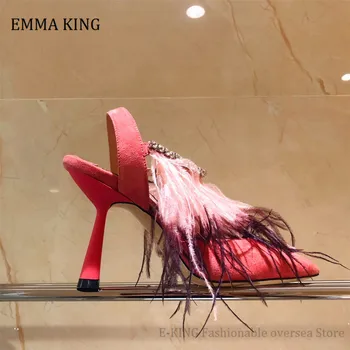 

Summer Woman Fur Feather Pumps Crystal Embellished Pointed Toe Sandals Sexy High Heels 2020 Wedding Shoes Sandalia Feminina