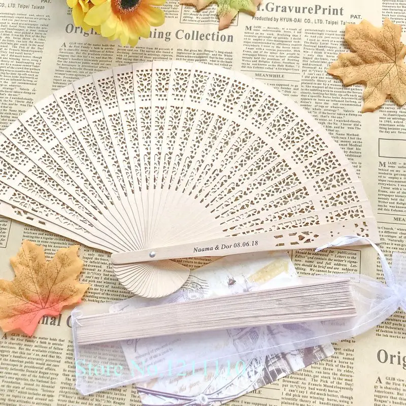 

24PCS Personalized Vintage Chinese Aromatic Wood Pocket Folding Hand Fan with Organza Gift Bag Custom Printing Wedding Fan
