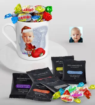 

Personalized Baby Caricature Of Turkish Coffee Cup Selamlique Mixed Turkish Coffee house And Haribo Candy Gift Seti-6