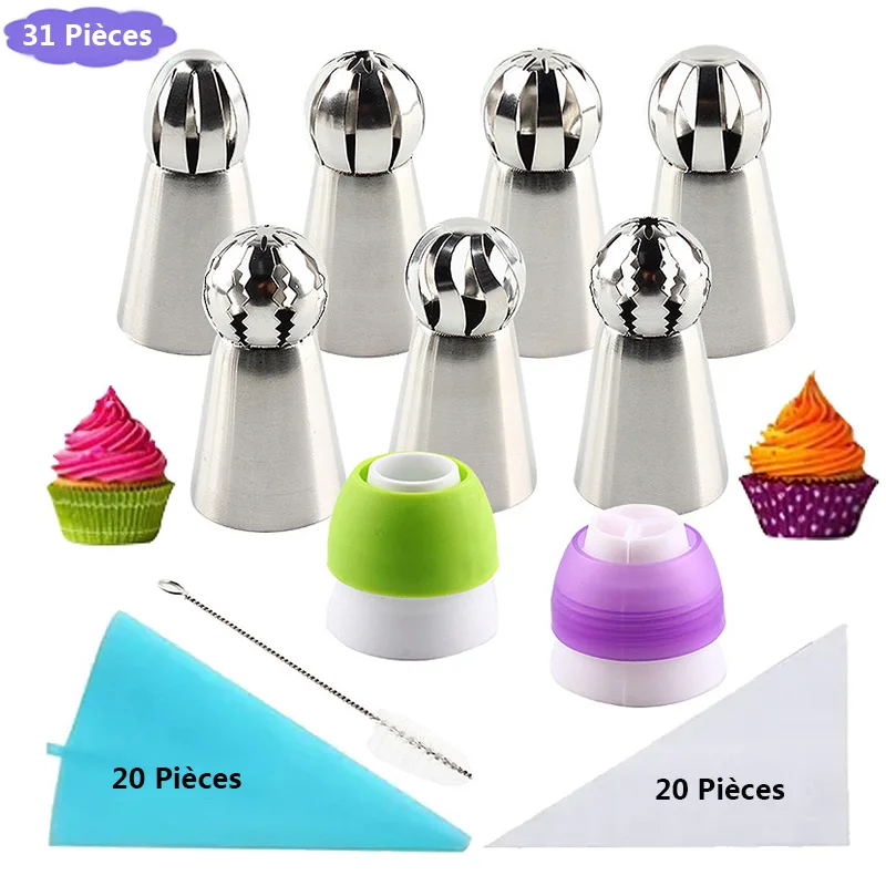 31Pcs Stainless Steel Sphere Ball Icing Piping Nozzles Silicone Pastry Bags Brush Coupler Set DIY Cake Decorating Tools |