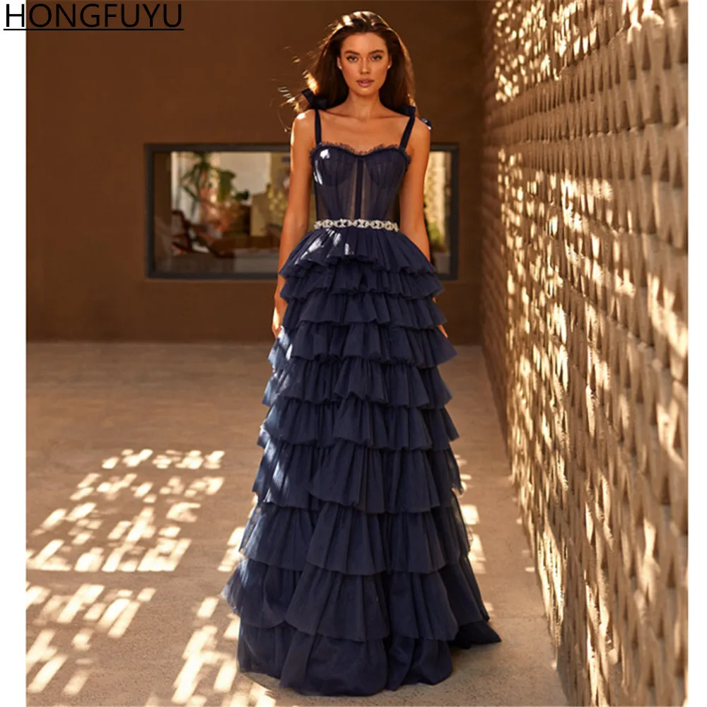 HONGFUYU Romantic Frill-Layered Evening Tulle Dress Light Blue Long Prom Dresses with Beaded Belt Formal Party Gowns Lace Up long evening dress Evening Dresses