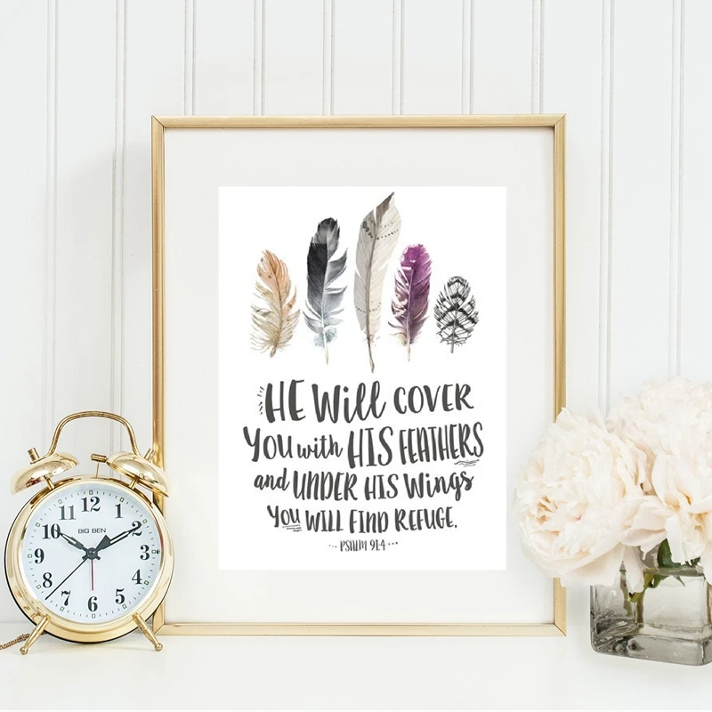 Библейский стих Psalm 91:4 цитата постер художественный принт перышки Писание