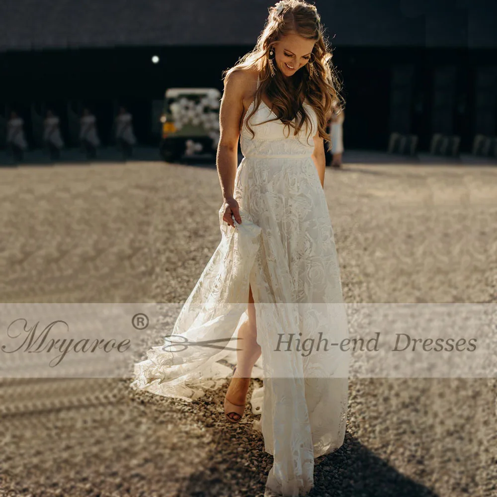 Mryarce уникальный невесты Роза кружевное свадебное платье-бохо шик крест-накрест с боковыми Свадебные платья для свадьбы на открытом воздухе