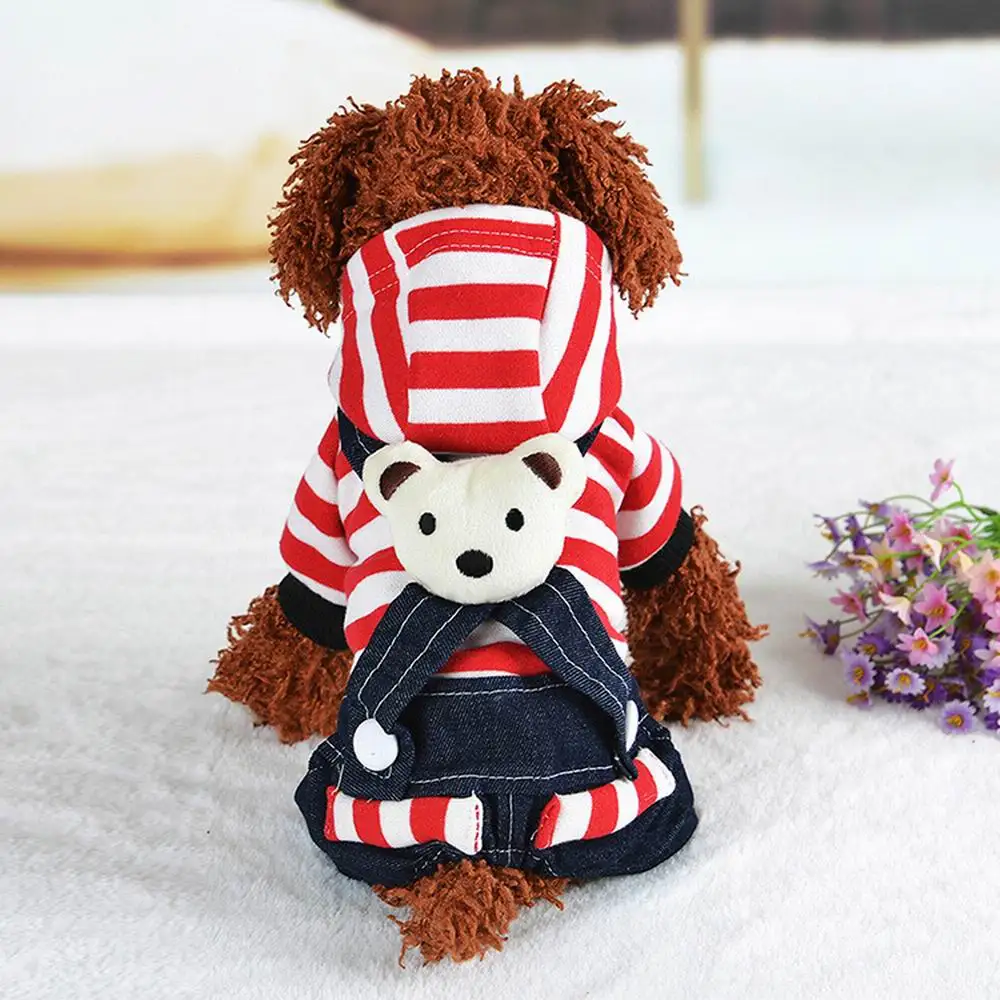 Pet Dog Wear Cartoon Bear Striped Jumpsuit With Hoodie & Bear On Back Party Pet Dress Supplies dog costume set