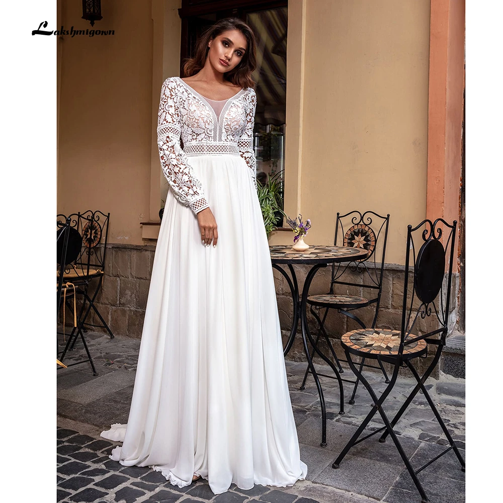 beach wedding dresses Elegant Full Cap Sleeve Sweep Lace Up V-neck Chiffon Floor-Length Appliques Lace A-LINE Wedding Dresses 2022 Bridal Gowns платье vintage wedding dresses