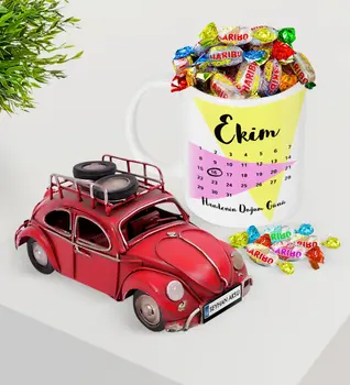 

Personalized Birthday Calendar Platter Nostalgic Red Metal Beetle and Mug Haribo Candy Seti-5
