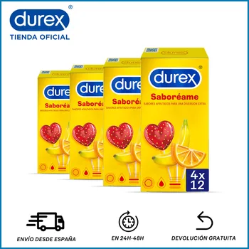 DUREX Preservativos Saboreame Sabores Afrutados: fresa, plátano, naranja manzana Condones Caucho Natural Lubricados Sexo Seguro
