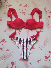 Bandeau Swimsuit Bikini-Set Lace Push-Up Ruffle Female High-Cut Striped Women F72 Bra-Cup