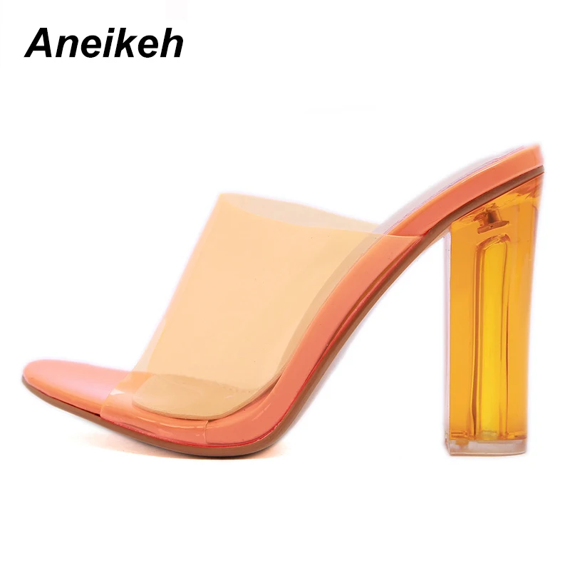 Aneikeh/ г. Летние модные босоножки из ПВХ женская обувь прозрачные вечерние туфли-лодочки без застежки на квадратном каблуке с открытым носком Размеры 35-42