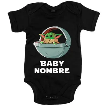 

Baby bodysuit customizable with baby name illustration baby yoda with cradle floating