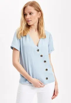 

DeFacto Fashion Woman V-neck Short Sleeve Shirt Ladies Button Elegant Charming Chiffon Blousers Female Tops Summer- L0165AZ19SM