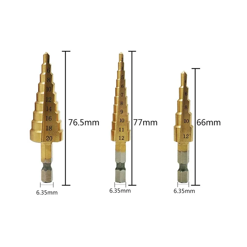 3pcs/Set 4241 HSS Metric 1/4 Hex Shank Titanium Coated Step Drill Bit Auto Deburrs Holes Set Cutter Cone Metal Core Drills Bits 3pcs/Set 4241 HSS Metric 1/4 Hex Shank Titanium Coated Step Drill Bit Auto Deburrs Holes Set Cutter Cone Metal Core Drills Bits
