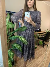 Women Summer Spring-Dress Vestidos A-Line Long-Sleeve Dot Print Midi Chiffon S.FLAVOR
