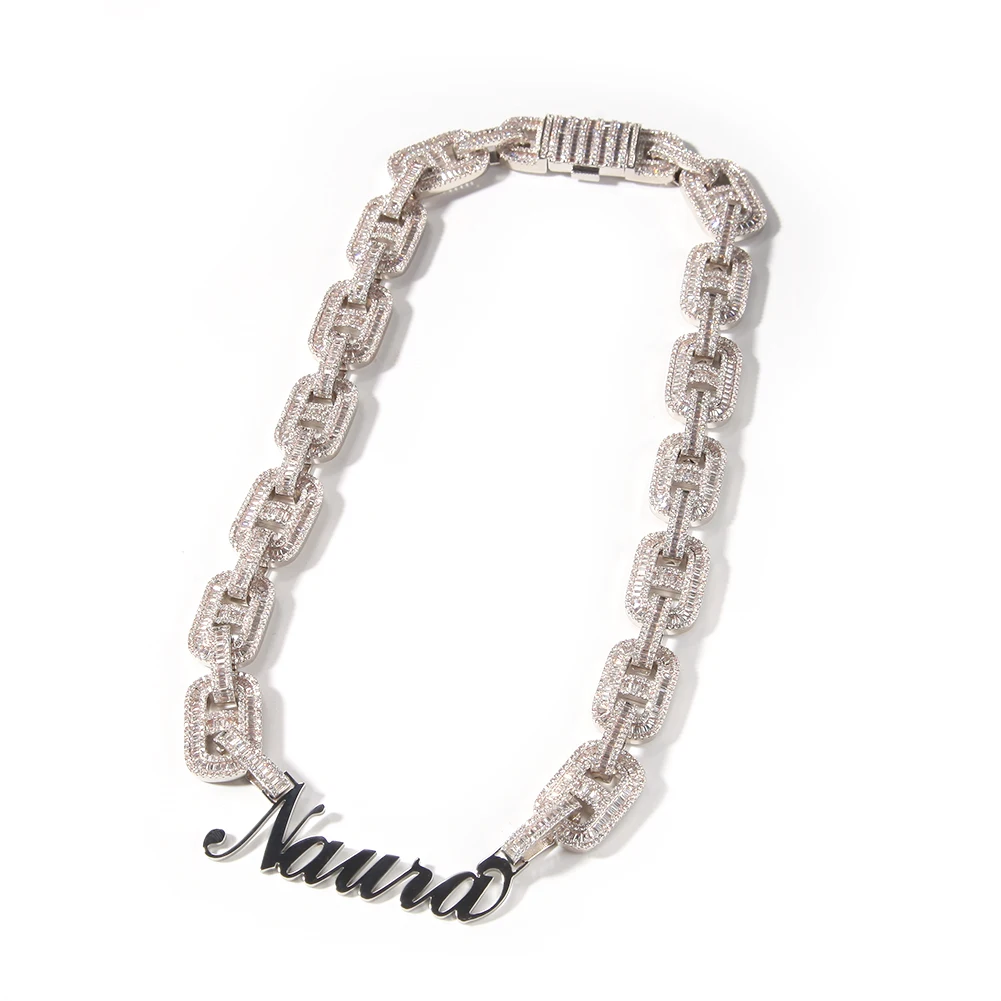 THE BLING KING Cusomt Stainless Steel Name Plated With Luxury 15mm Cuban Link Baguettecz Prong Setting Necklace Hiphop Jewelry