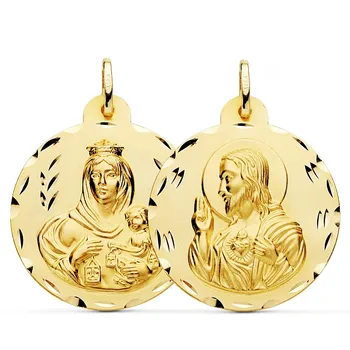 

Medal 18k gold pendant scapular 30mm. Virgin of Carmen Heart of Jesus carved unisex