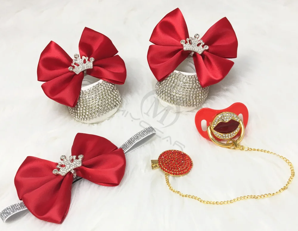 

MIYOCAR red lip bling pacifier and clip set with princess red bow bling first walker shoes set unique sexy baby shower set C1