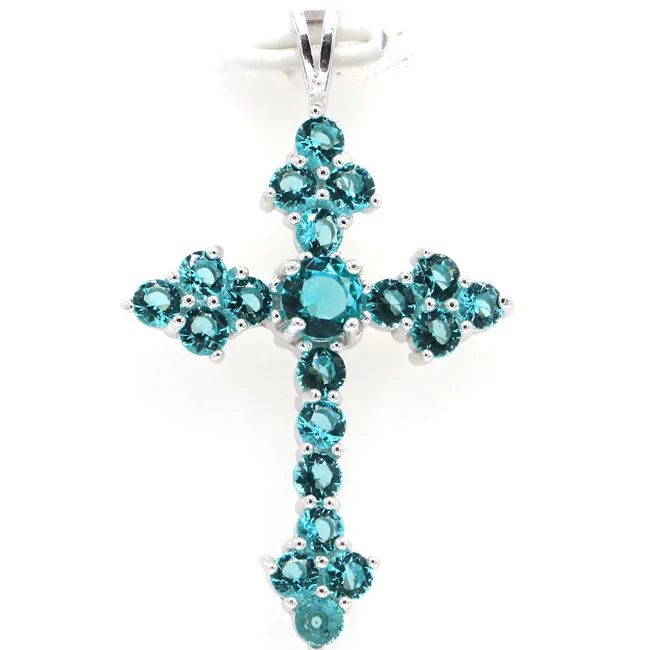 

40x24mm Classic Long 3.9g Cross Created Rich Blue Aquamarine Gift Real 925 Solid Sterling Silver Pendant
