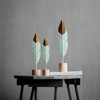 

New Modern Iron Feather Wooden Base Decorations Simple Miniature Figurines for Living Room Table Office Decoration Accessories