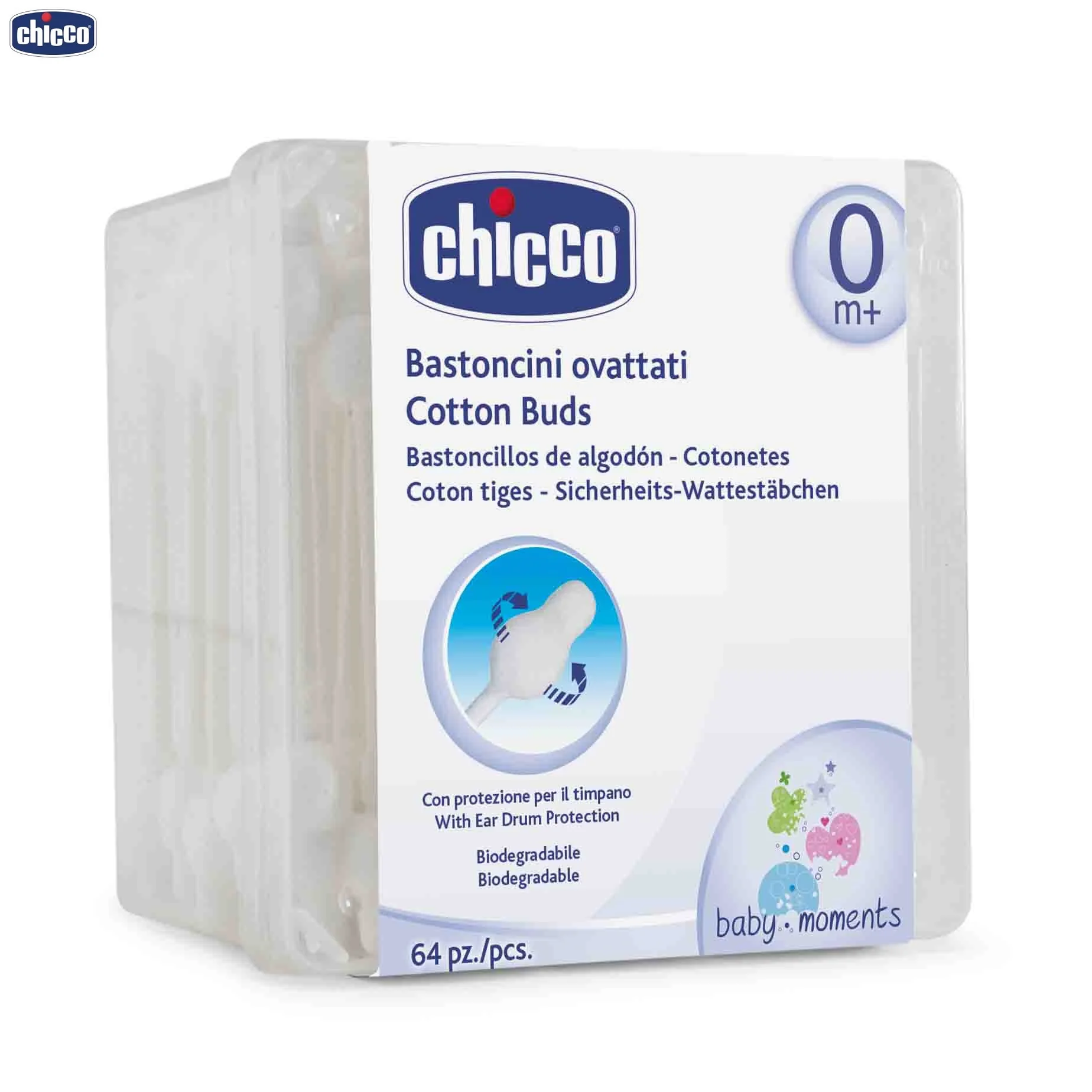 Палочки ватные Chicco Baby Moments с ограничителем, 0 мес.+, 63 шт