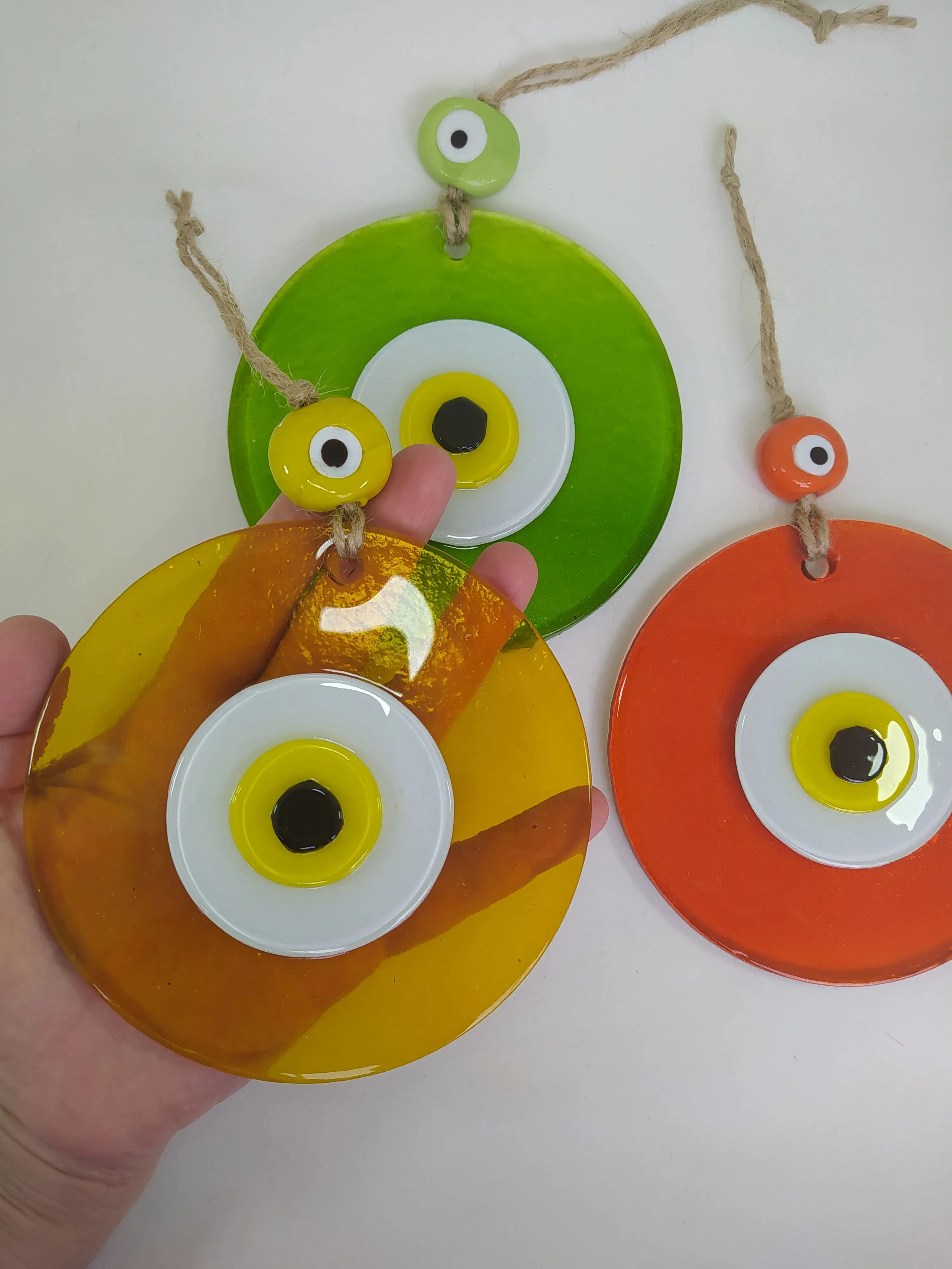 

Colorful Evil Eyes 12cm Transparent Glass Beads Set of 3 Pendant Charm Turkish Handmade Big Amulet Wall Hanging Boho Home Decor