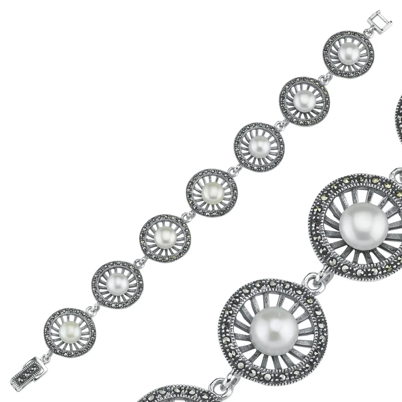 Серебряный 925 пробы Браслет из жемчуга и марказита