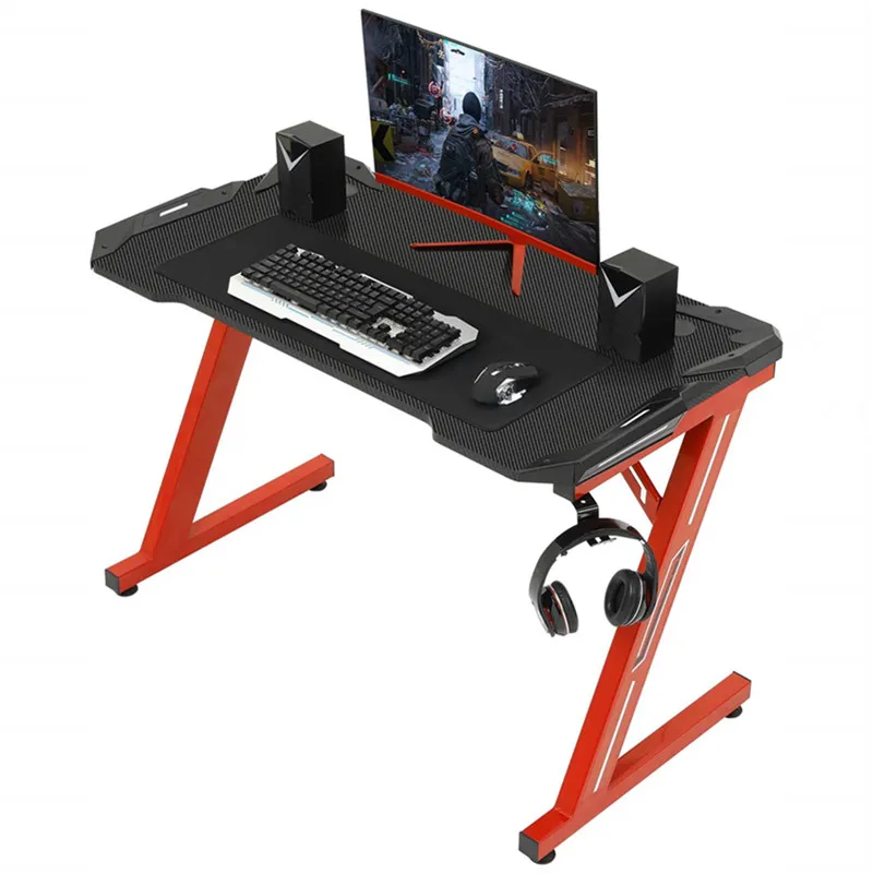 

Gaming Computer Desk 44.5" Gaming Table Ergonomic Z-Shaped PC Gamer Tables Gaming Desk Carbon Fiber Surface Headphone Hook RED