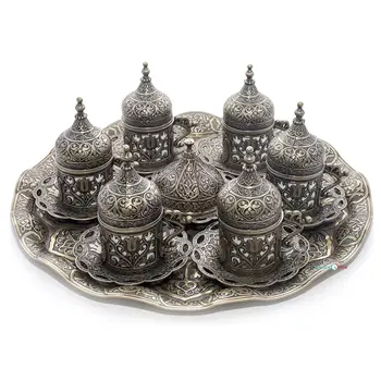 

Handmade authentic Design Turkish Greek Arabic Coffee Espresso Set for 6 Service, Cups Saucers Lids Tray Delight Candy Dish GIFT