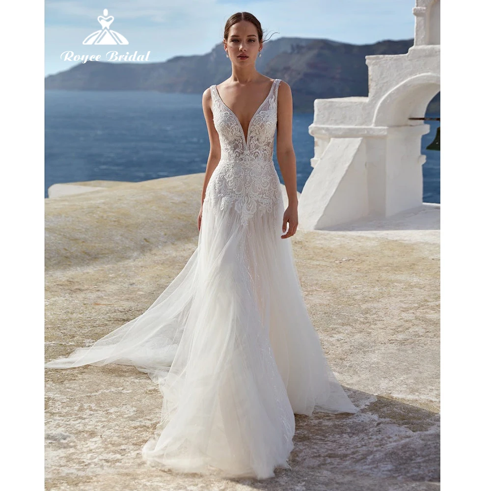 

Beach V-neck Lace Off the Shoulder Pleat Appliques A line Wedding Dresses 2022 Netting Bridal Gowns Floor-Length Sweep Backless