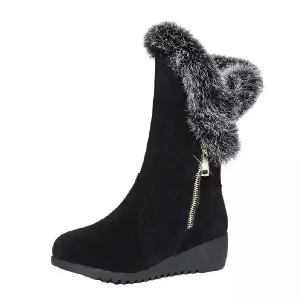 

Women's Middle Wedges Heel Faux Fur Zip Round Toe Boots with Waterproof Platform Fits for Winter and Suitable for Mulitiacitivy