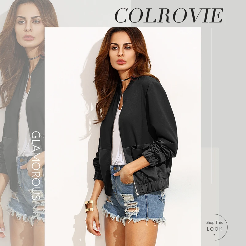 COLROVIE/черная куртка-бомбер на молнии спереди, Женская Осенняя уличная куртка с воротником-стойкой, однотонная повседневная женская верхняя одежда