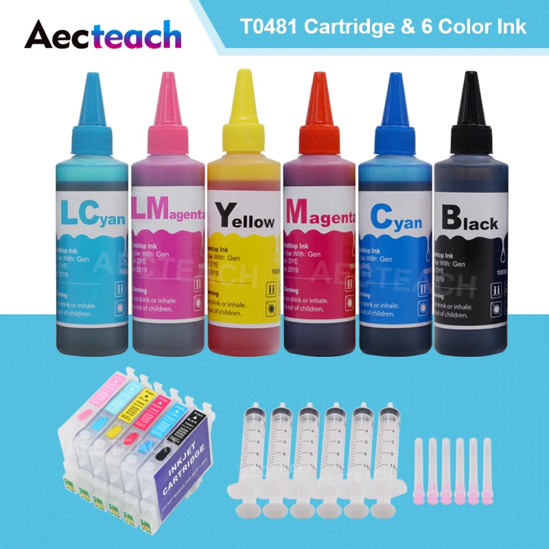 

Aecteach 6 Color T0481 Printer Ink Cartridge For Epson Stylus Photo R200 R220 R300 R320 R340 RX500 RX60 + 6×100ml Bottle Ink Kit