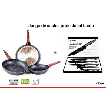 

Knife Set + 3 aluminum Pans with Marble Coating and Soft Handle Bakelite Wood Effect