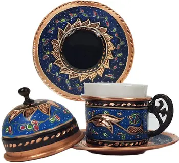 

(Set of 2) Turkish Greek Arabic Moroccan Coffee Espresso Cups Set of 2 and Saucers with Lid and Copper Holder Handle Demitasse V
