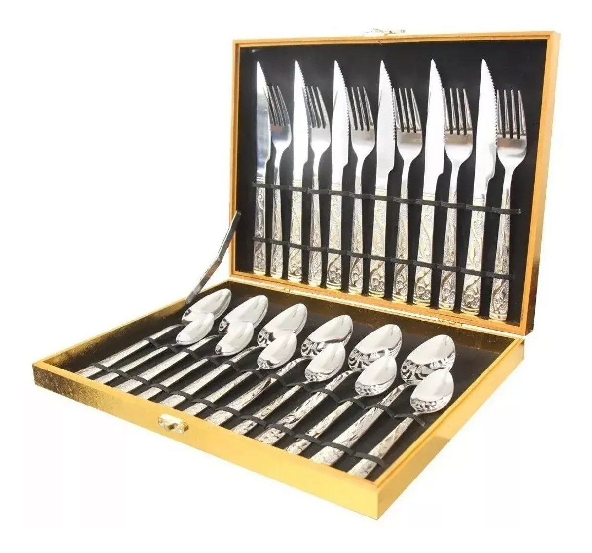 24 Pieces Inox Cutlery Case With Golden Flatware Kit Spoon Sets