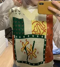 Woherb-suéter Harajuku para mujer, Chaleco de estilo coreano Vintage estampado con cuello en V, jerséis sin mangas de punto para mujer, otoño 2021