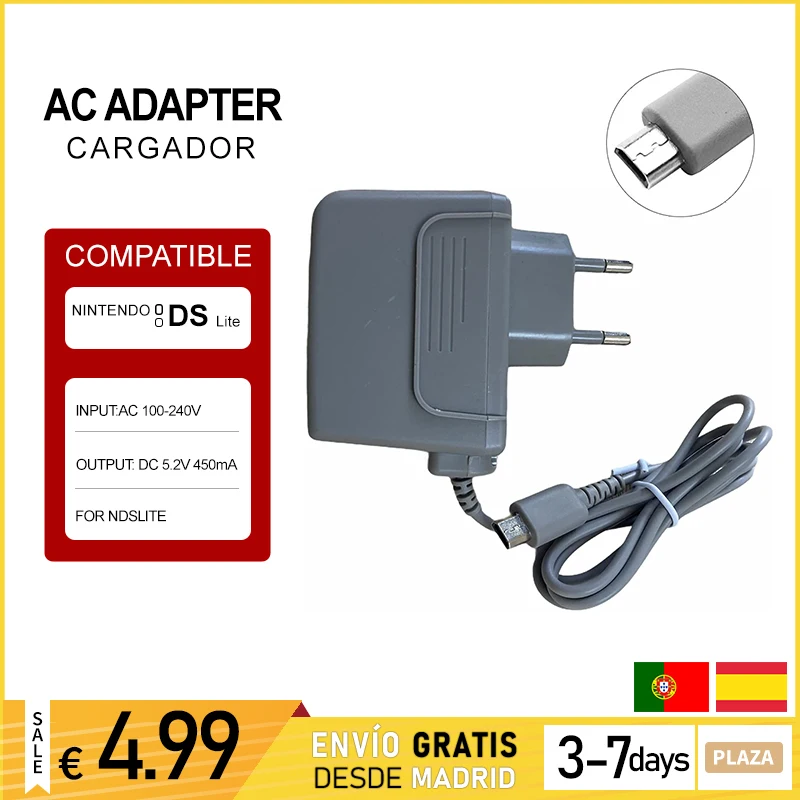 Cavo caricabatterie alimentatore grigio per console Nintendo DS Lite spedizione gratuita dalla spagna