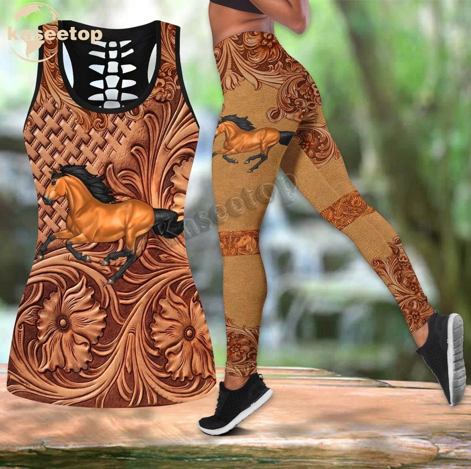 

Female Horse Rattan 3D Print Women Two Piece Yoga Set Vest Hollow Combo Tank Top Legging Waist Sport Fitness Quick Dry LK305