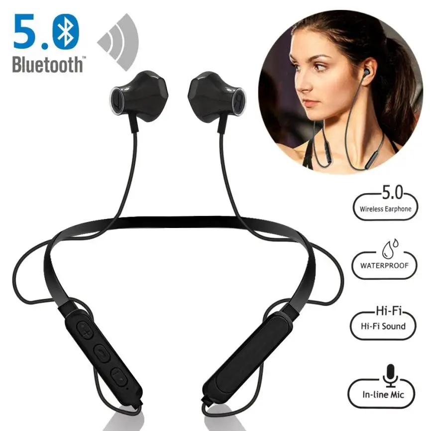 

5.0 Neck-mounted Sports Bluetooth Headset Polymer Battery Waterproof IPX4 Noice Cancelling Headphone HiFi Sound Earphone Earbuds