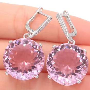

35x20mm Big Created Pink Kunzite Round Earrings for Women Pendant Fine Cut Dazzling Bridal Jewelry Wholesale Silver Earrings