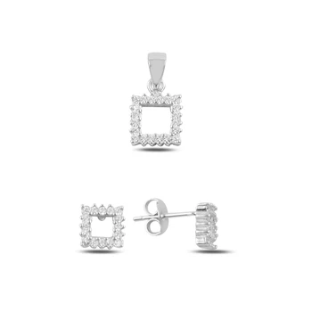 

Kutaydan Zircon Cubic Zirconia Square Earring & Pendant Set 925 Sterling Silver Made in Turkey