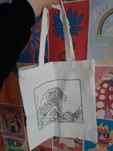 Bolso de lona de gran capacidad con impresión divertida de onda japonesa, bolso de hombro femenino de moda Harajuku con dibujos y letras Ulzzang con cremallera