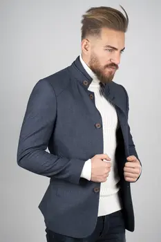 

DeepSEA Dark Blue Crew Neck Self-Dot Pattern Slim Fit Jacket 2000235