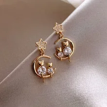 

2022 New Trendy Crystal Cute Cat Dangle Earrings For Women Fashion Moon Planet Round Water Earring Girl Personality Jewelry