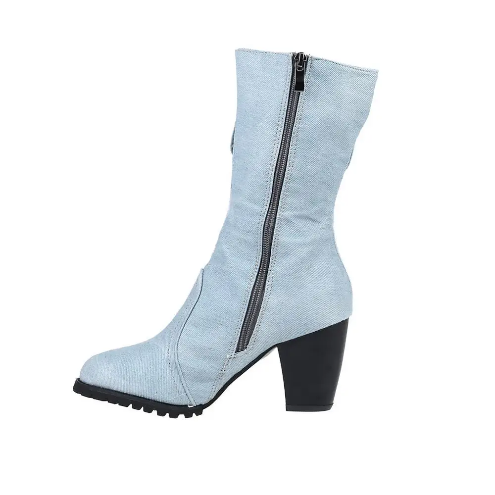 Женские однотонные ботинки в римском стиле на среднем каблуке женские ковбойские ботинки без шнуровки на не сужающемся книзу массивном среднем каблуке мотоботы, большие размеры - Цвет: Light blue
