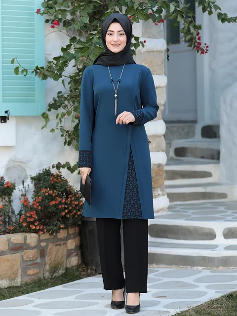 Women Hijab Suit Black Pants Patterned Tunic 4