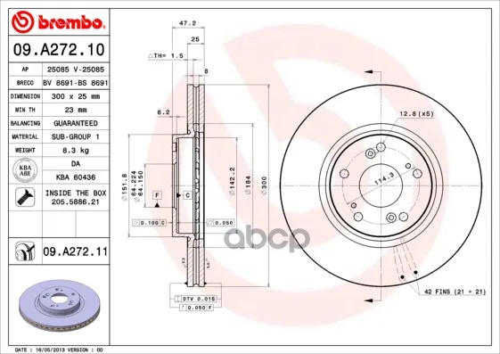 Диск Тормозной Передн Honda Accord Viii Tourer(Cm_)(04/03-) F / Honda Accord Viii(Cl_, Cm_)(02/03-) F Brembo арт. 09.A272.11