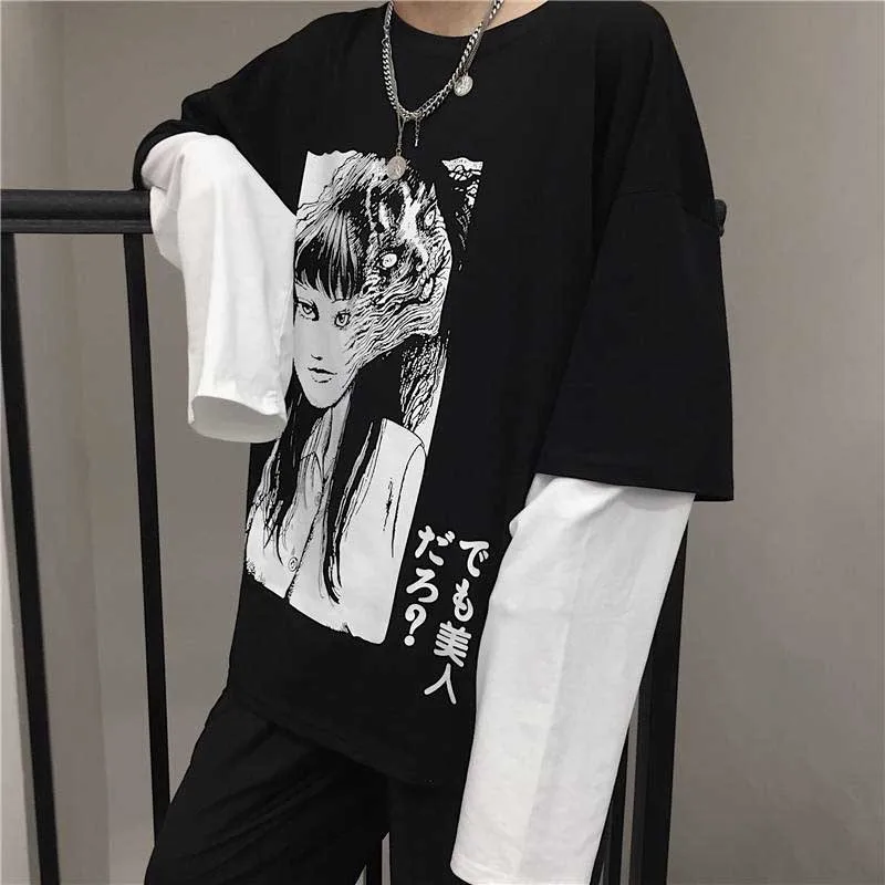 31774black NiceMix Harajuku футболка женская поддельная 2 шт. принт японский Fujiang Ужасы комиксы длинный рукав рубашка Женская Vetement Femme - Цвет: 31774black