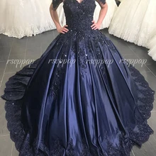 Пышные бальные платья принцессы с v-образным вырезом и рукавами-крылышками 16 и 15, вечерние платья с кружевами и бисером, темно-синие Сатиновые Длинные платья
