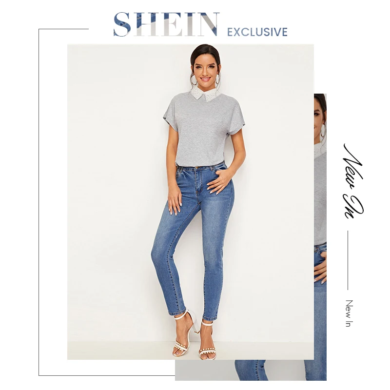SHEIN серый контрастный вышитый воротник из органзы Повседневная футболка Женские топы осенние базовые футболки с рукавами «летучая мышь» и пуговицами сзади